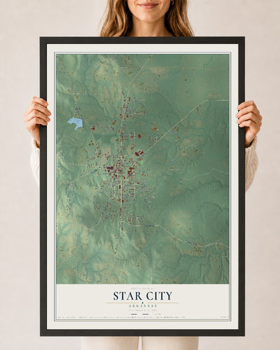 Map of Star City, Arkansas, 24 x 36 inch print in a black wood frame