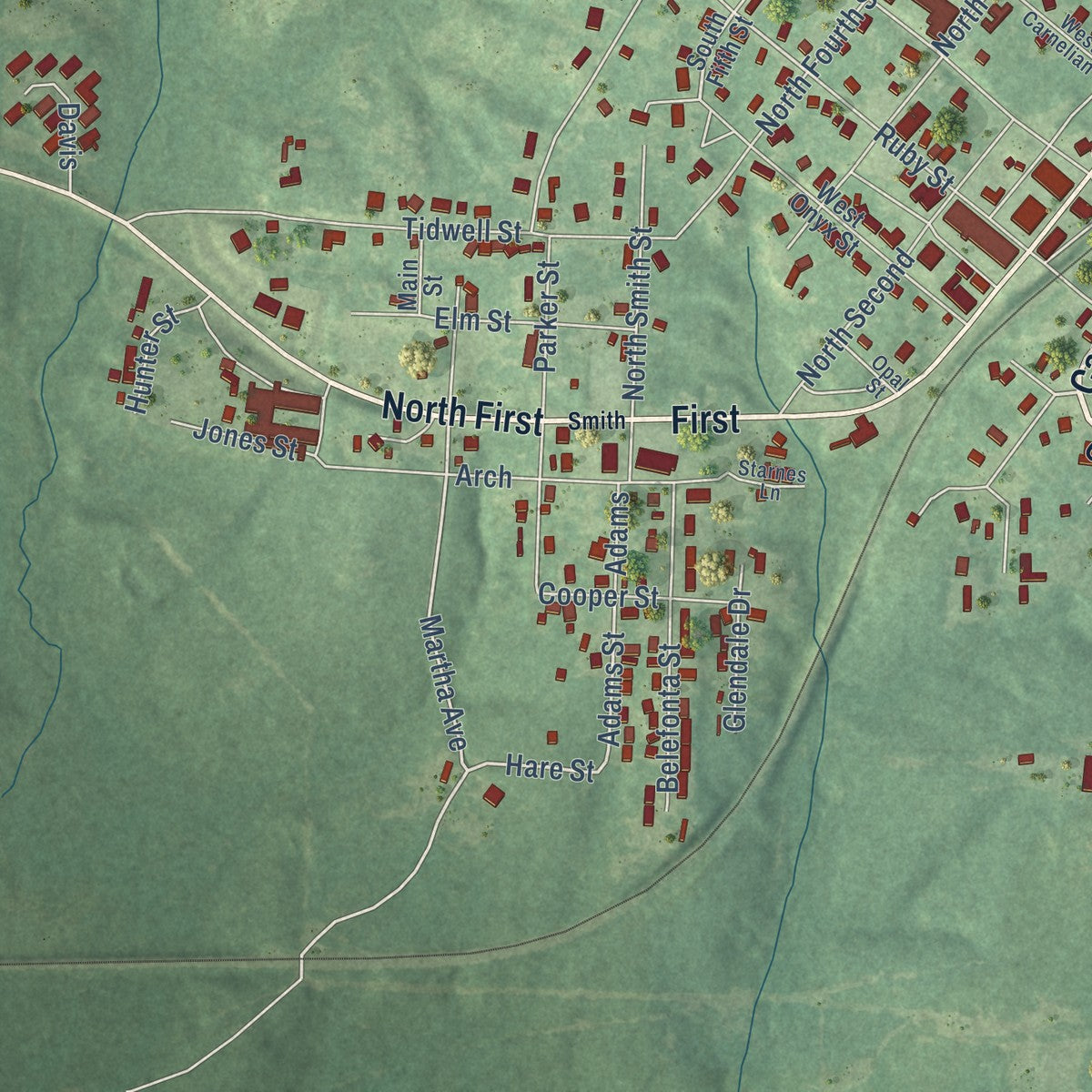 Close-up of the map of Stephens, Arkansas print showing street and building detail