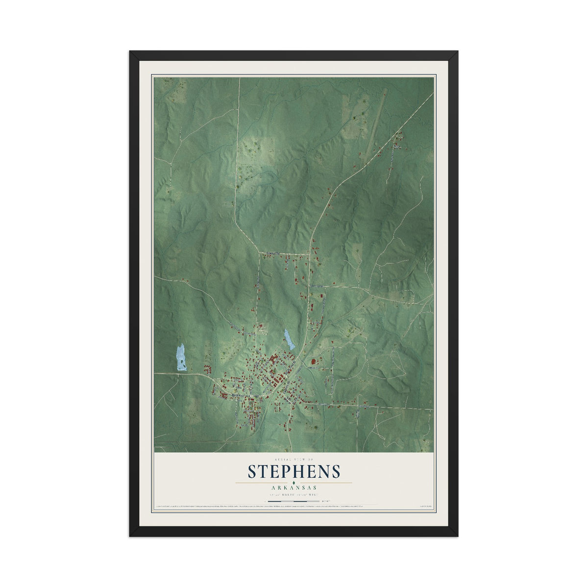 Map of Stephens, Arkansas, 12 x 18 inch print in a black wood frame