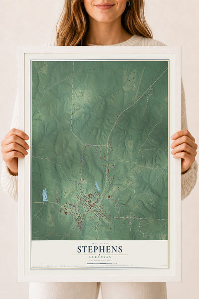 Map of Stephens, Arkansas, 18 x 24 inch print in a white wood frame