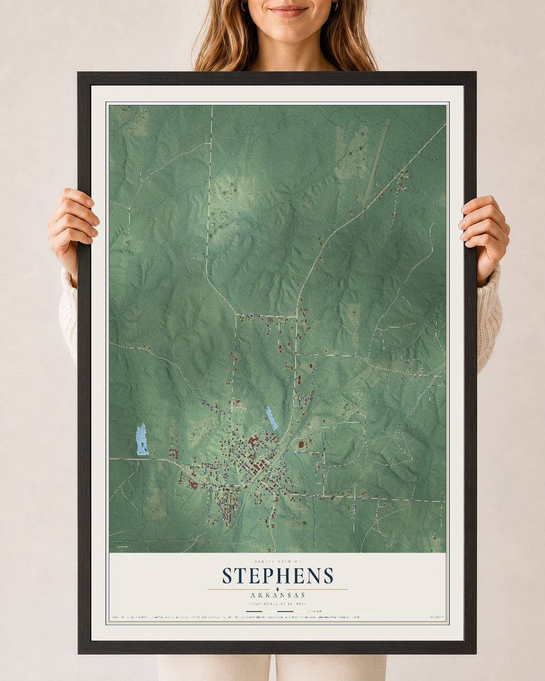 Map of Stephens, Arkansas, 24 x 36 inch print in a black wood frame