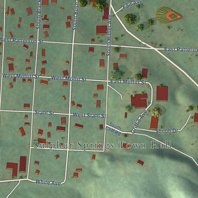 Close-up of the map of Sulphur Springs, Arkansas print showing street and building detail