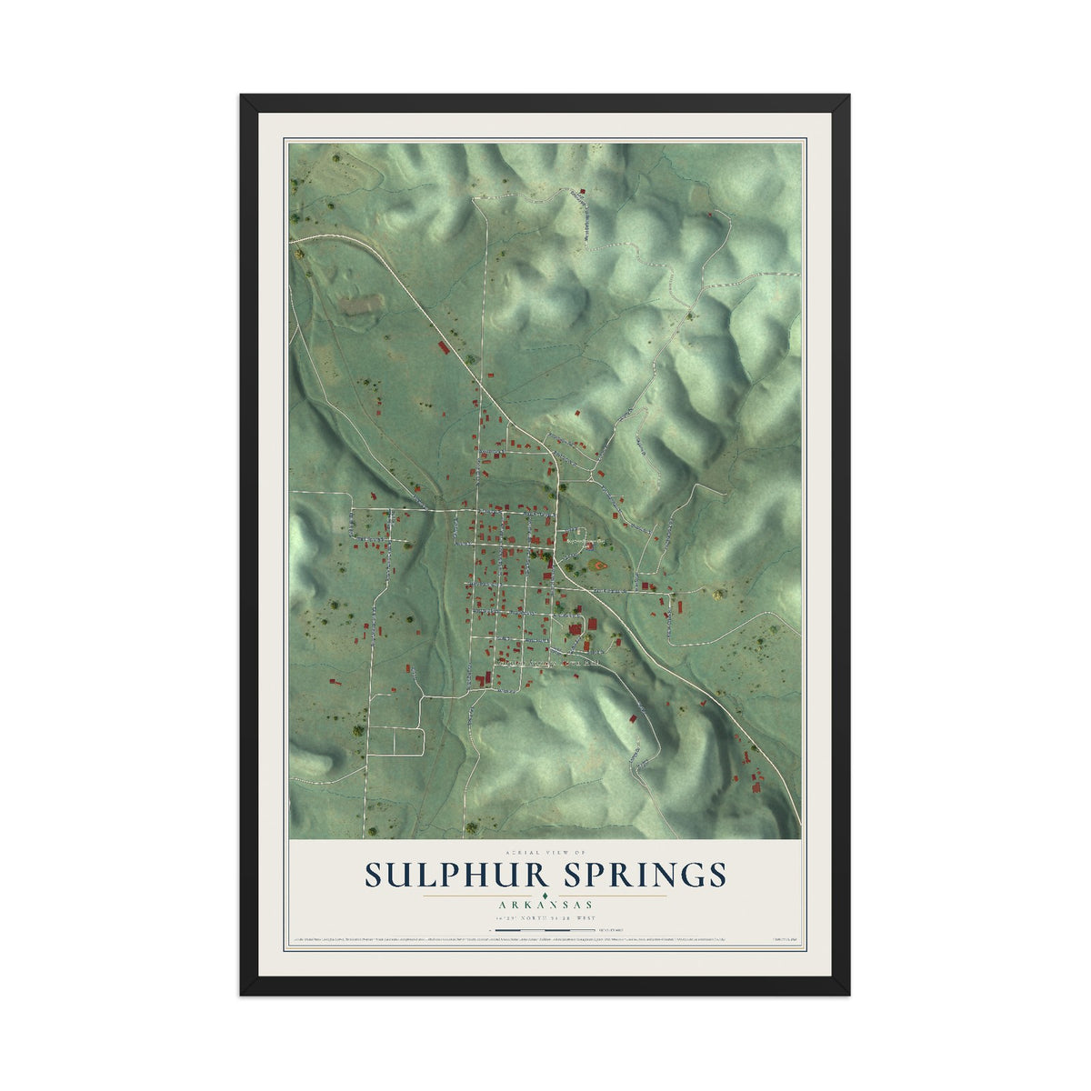 Map of Sulphur Springs, Arkansas, 12 x 18 inch print in a black wood frame