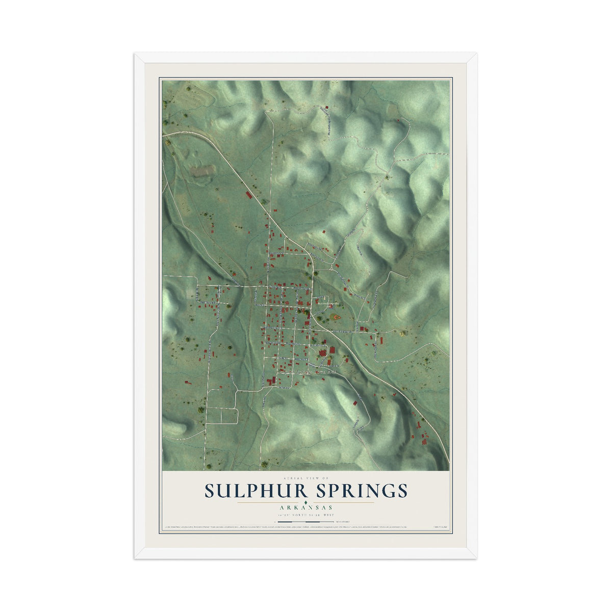 Map of Sulphur Springs, Arkansas, 12 x 18 inch print in a white wood frame