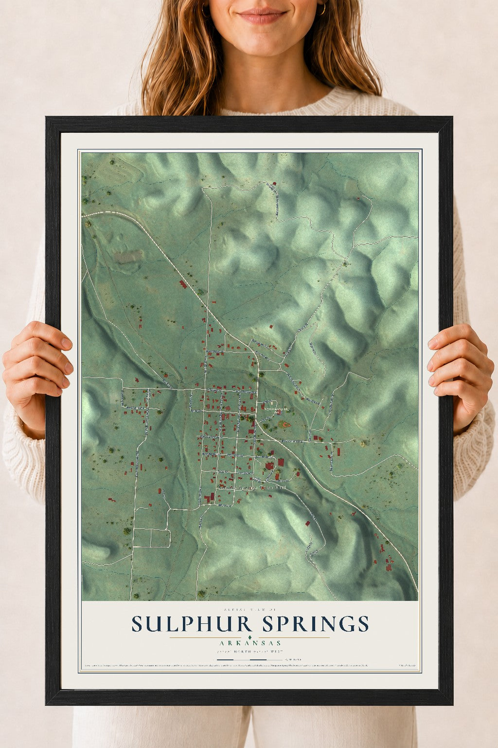 Map of Sulphur Springs, Arkansas, 18 x 24 inch print in a black wood frame