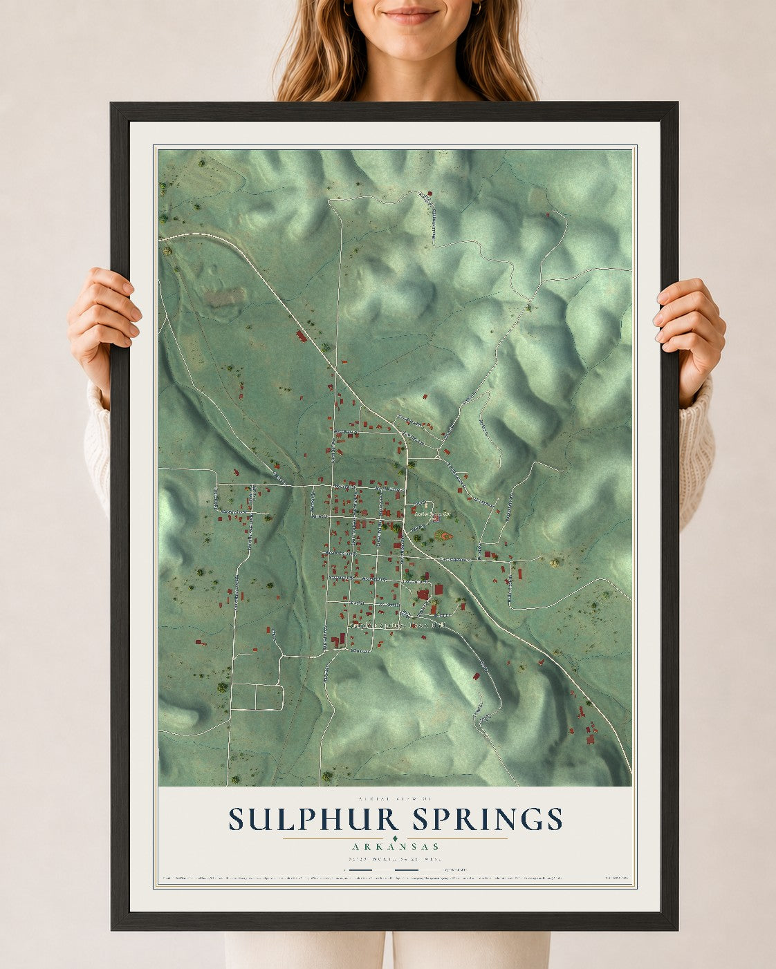 Map of Sulphur Springs, Arkansas, 24 x 36 inch print in a black wood frame
