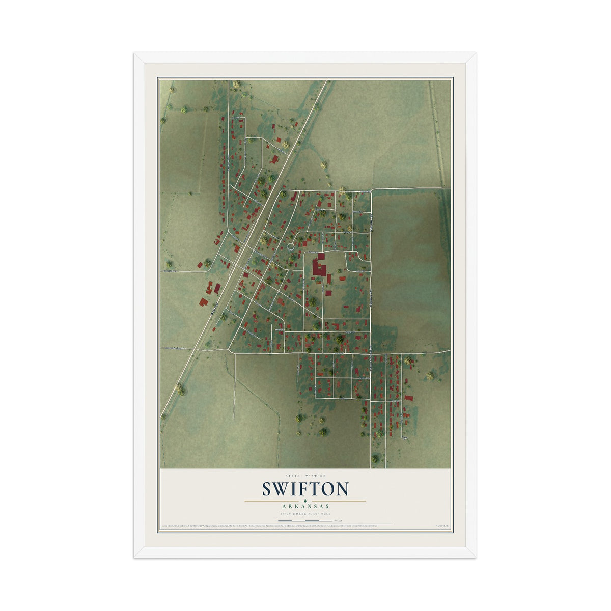 Map of Swifton, Arkansas, 12 x 18 inch print in a white wood frame