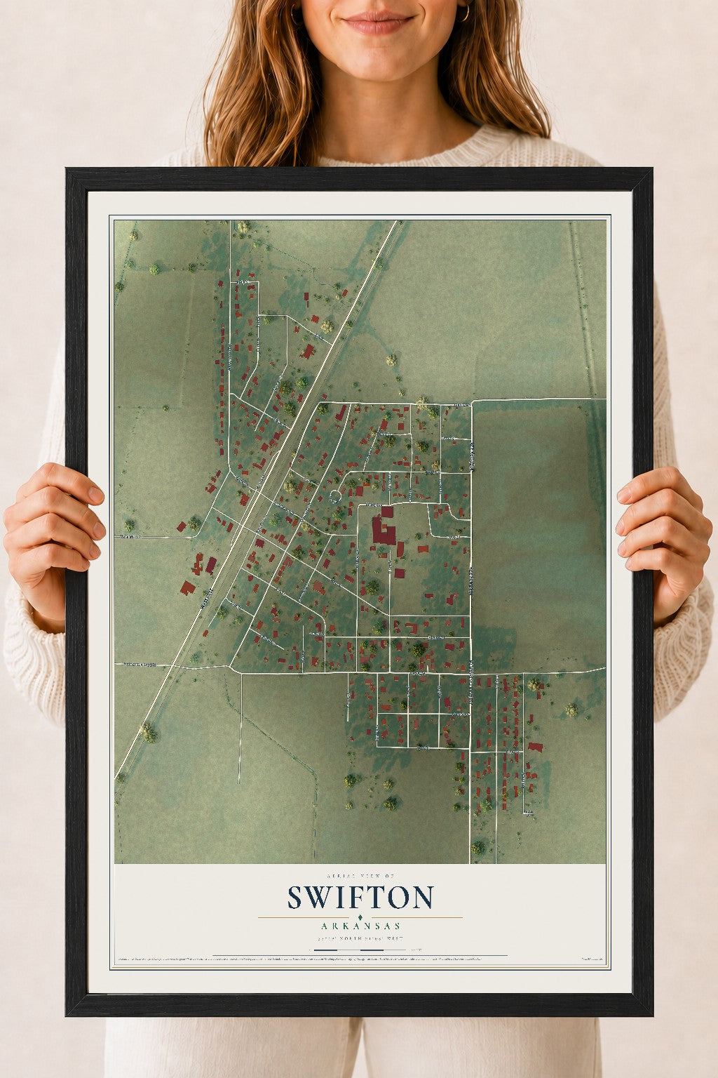 Map of Swifton, Arkansas, 18 x 24 inch print in a black wood frame