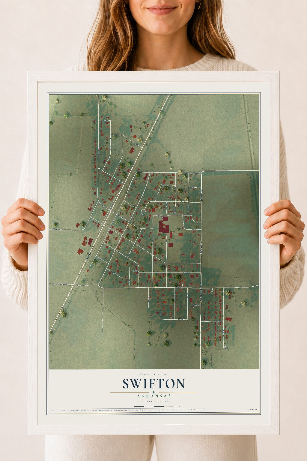 Map of Swifton, Arkansas, 18 x 24 inch print in a white wood frame