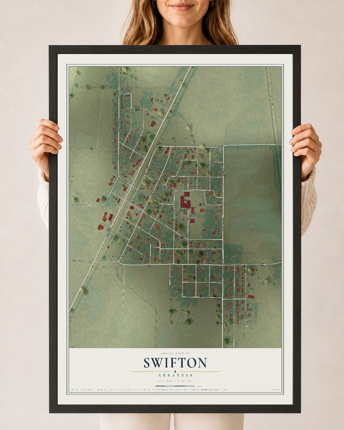 Map of Swifton, Arkansas, 24 x 36 inch print in a black wood frame