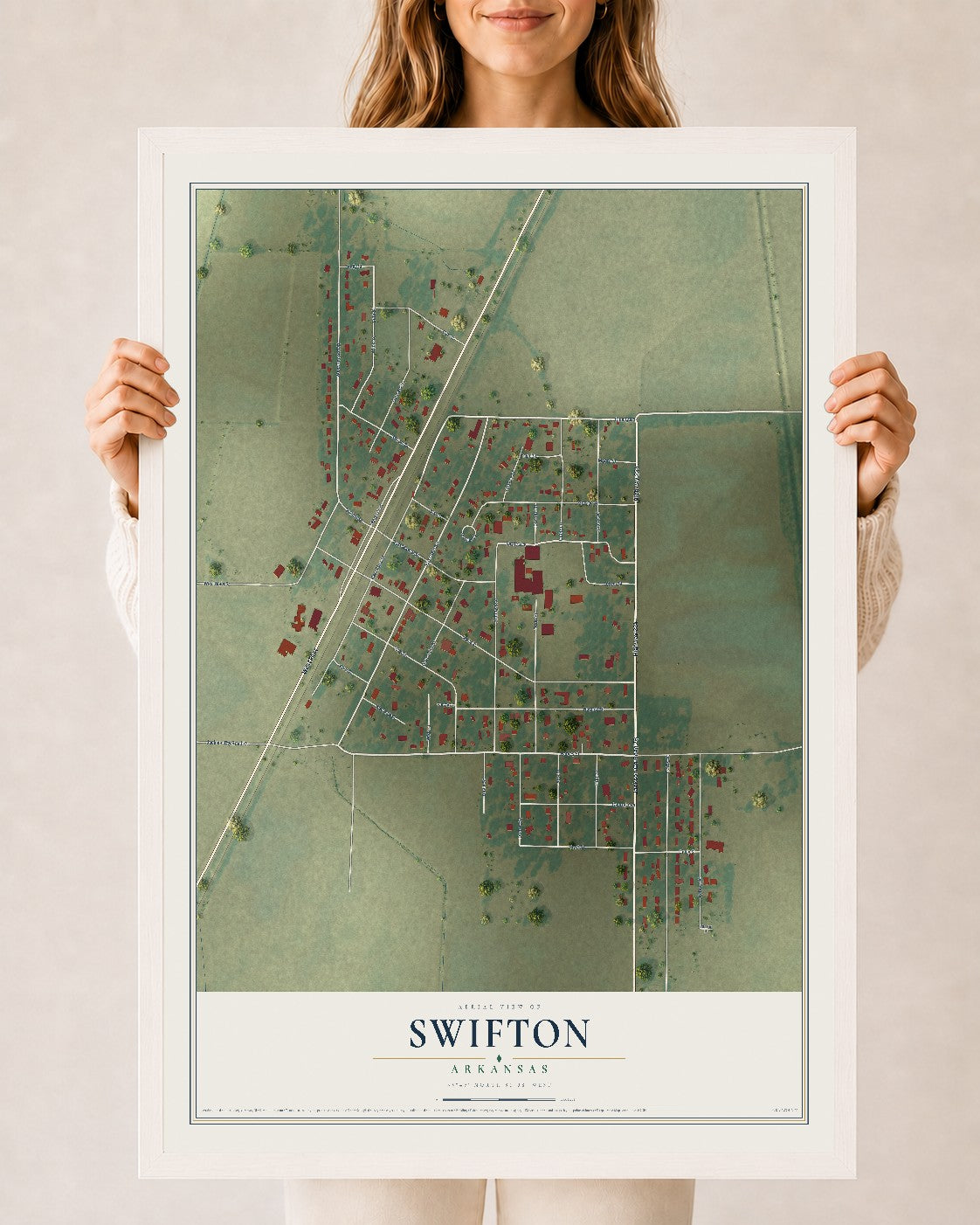 Map of Swifton, Arkansas, 24 x 36 inch print in a white wood frame