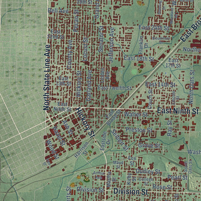 Close-up of the map of Texarkana, Arkansas print showing street and building detail