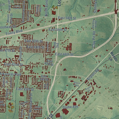 Second close-up of the map of Texarkana, Arkansas print showing more streets and buildings