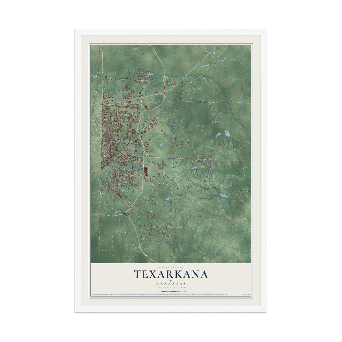 Map of Texarkana, Arkansas, 12 x 18 inch print in a white wood frame