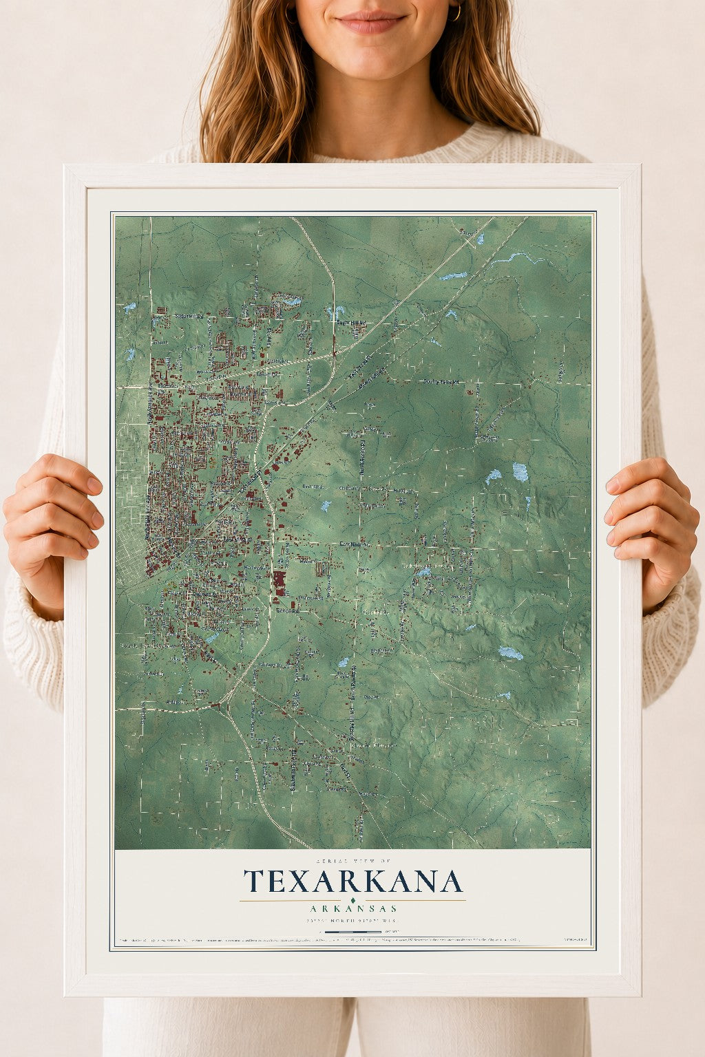 Map of Texarkana, Arkansas, 18 x 24 inch print in a white wood frame