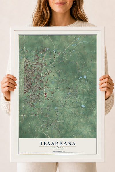 Map of Texarkana, Arkansas, 18 x 24 inch print in a white wood frame