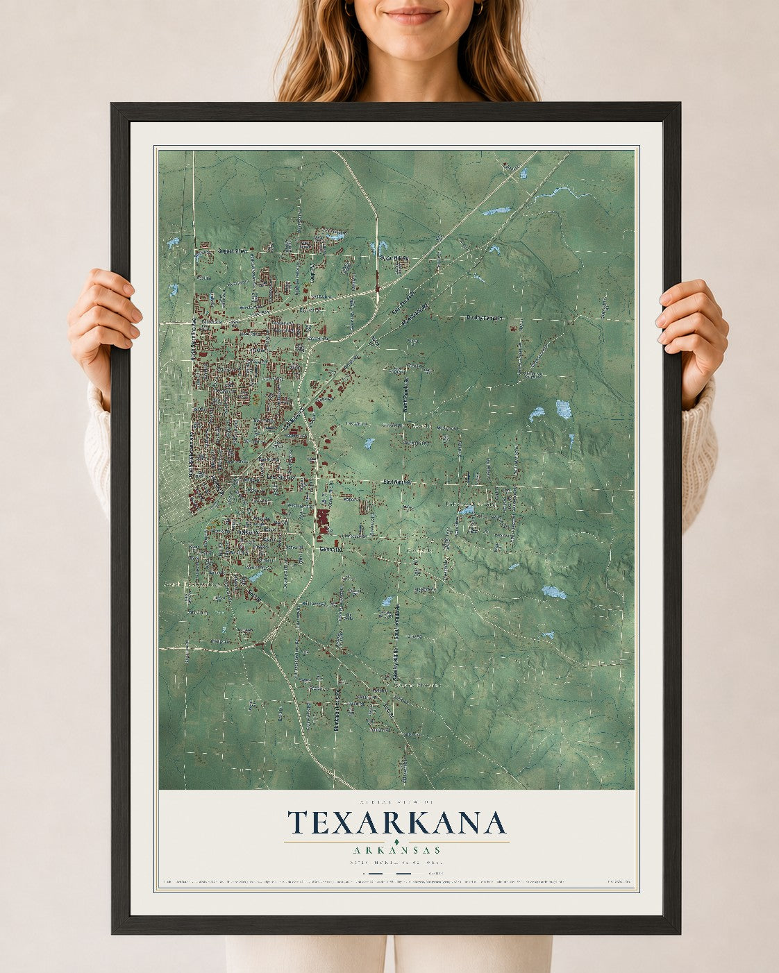 Map of Texarkana, Arkansas, 24 x 36 inch print in a black wood frame