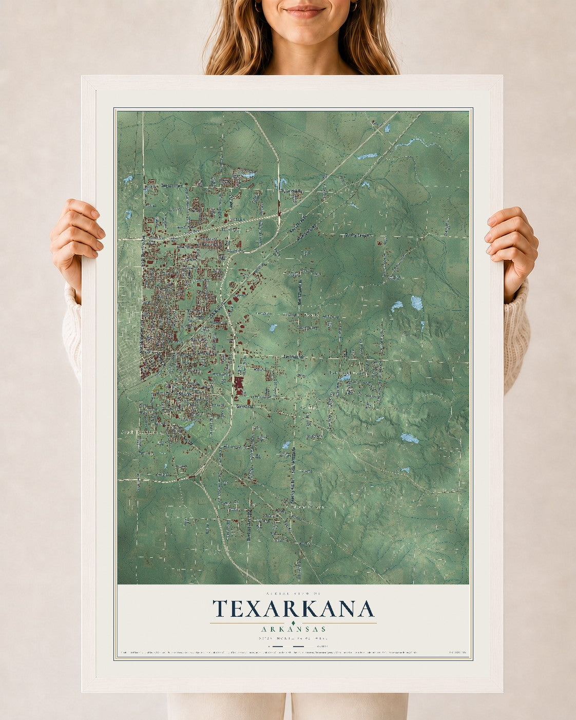 Map of Texarkana, Arkansas, 24 x 36 inch print in a white wood frame
