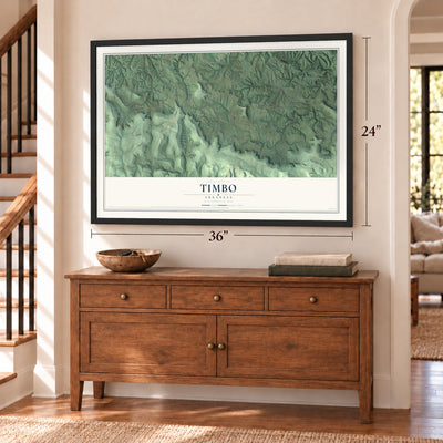 Timbo, Arkansas map, 24 x 36 inch print in a black frame above a dresser by a staircase