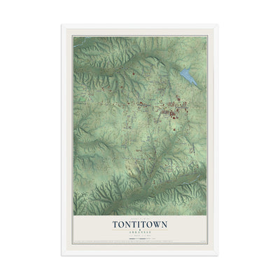 Map of Tontitown, Arkansas, 12 x 18 inch print in a white wood frame