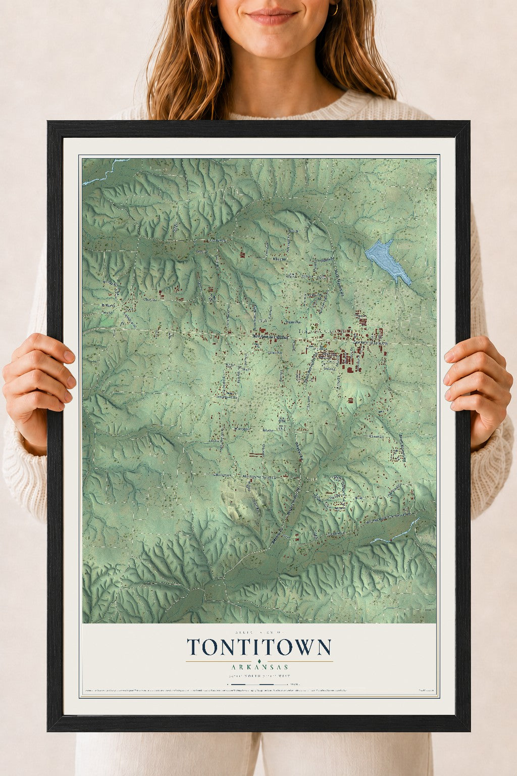 Map of Tontitown, Arkansas, 18 x 24 inch print in a black wood frame