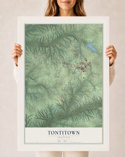 Map of Tontitown, Arkansas, 24 x 36 inch print in a white wood frame
