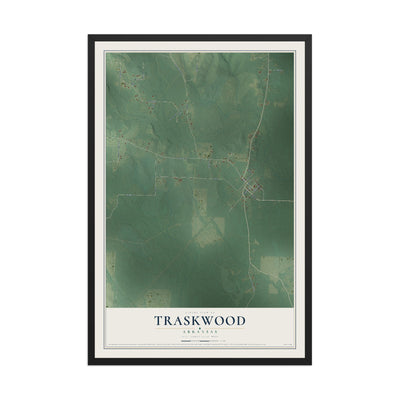 Map of Traskwood, Arkansas, 12 x 18 inch print in a black wood frame