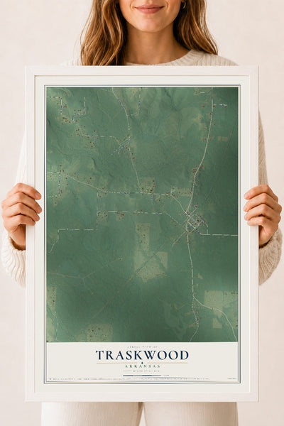 Map of Traskwood, Arkansas, 18 x 24 inch print in a white wood frame