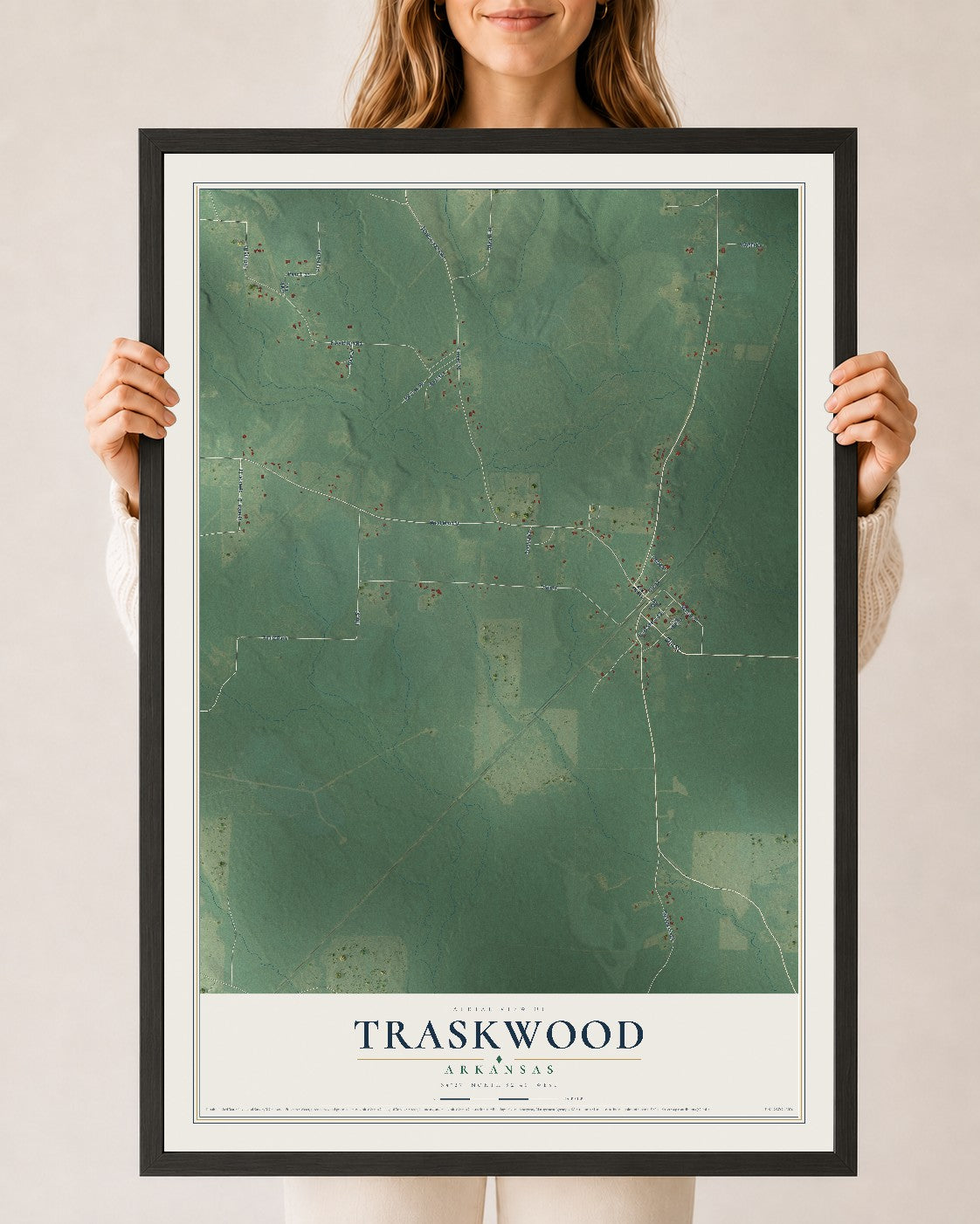 Map of Traskwood, Arkansas, 24 x 36 inch print in a black wood frame