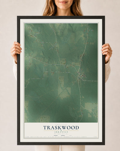 Map of Traskwood, Arkansas, 24 x 36 inch print in a black wood frame
