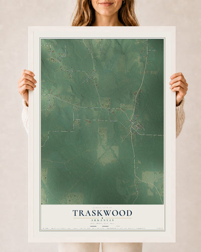 Map of Traskwood, Arkansas, 24 x 36 inch print in a white wood frame