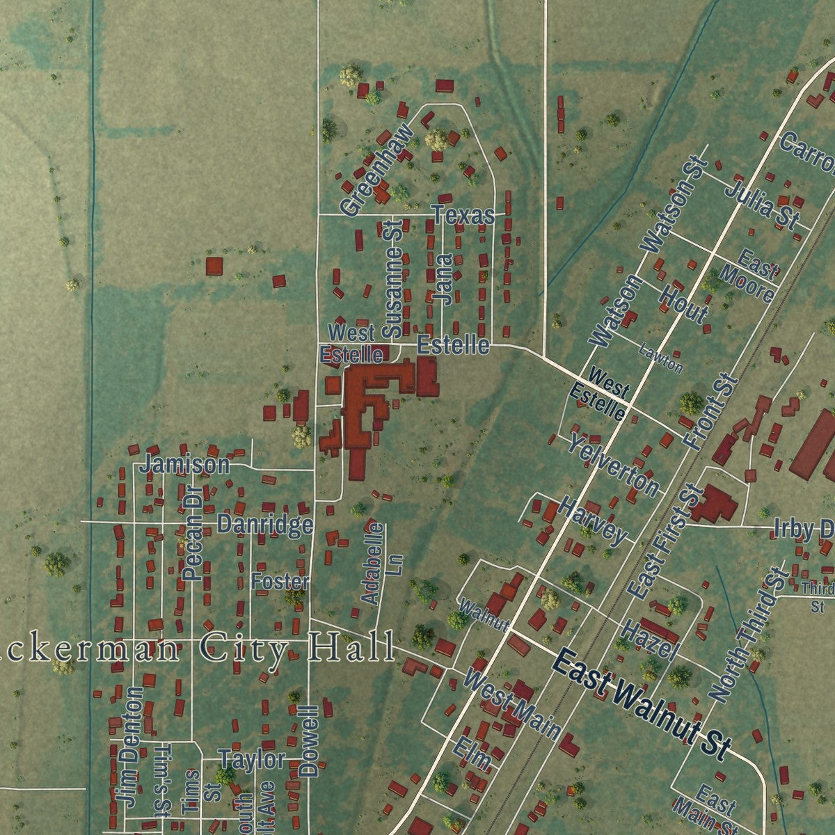 Close-up of the map of Tuckerman, Arkansas print showing street and building detail