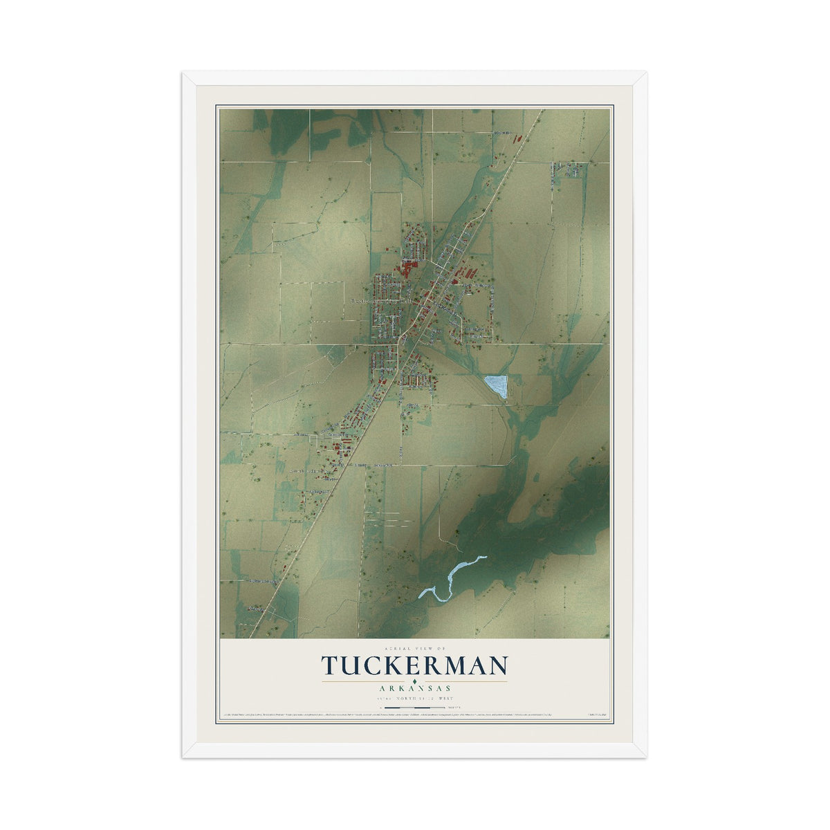 Map of Tuckerman, Arkansas, 12 x 18 inch print in a white wood frame
