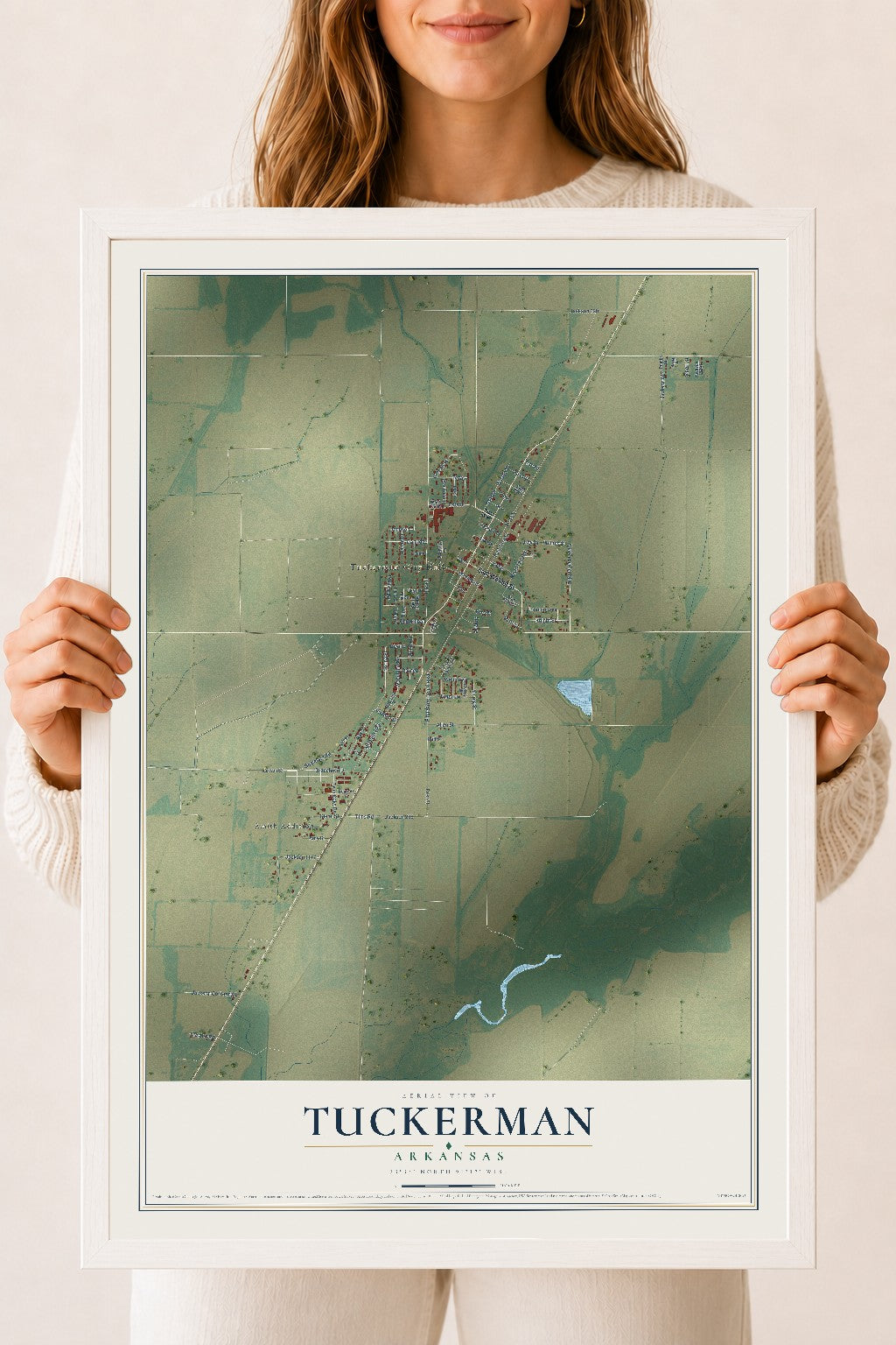 Map of Tuckerman, Arkansas, 18 x 24 inch print in a white wood frame