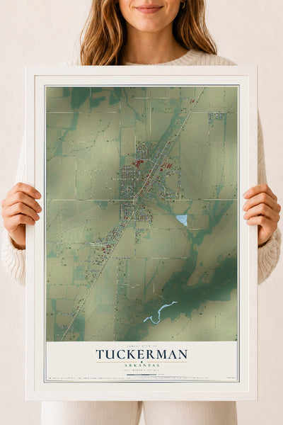 Map of Tuckerman, Arkansas, 18 x 24 inch print in a white wood frame