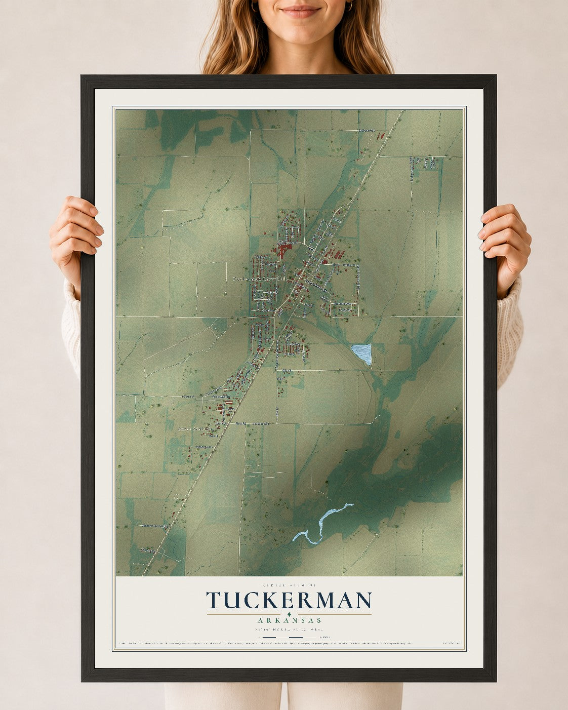 Map of Tuckerman, Arkansas, 24 x 36 inch print in a black wood frame