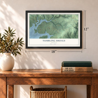 Tumbling Shoals, Arkansas map, 12 x 18 inch print in a black frame in an entryway