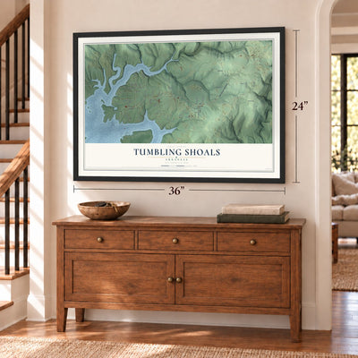 Tumbling Shoals, Arkansas map, 24 x 36 inch print in a black frame above a dresser by a staircase