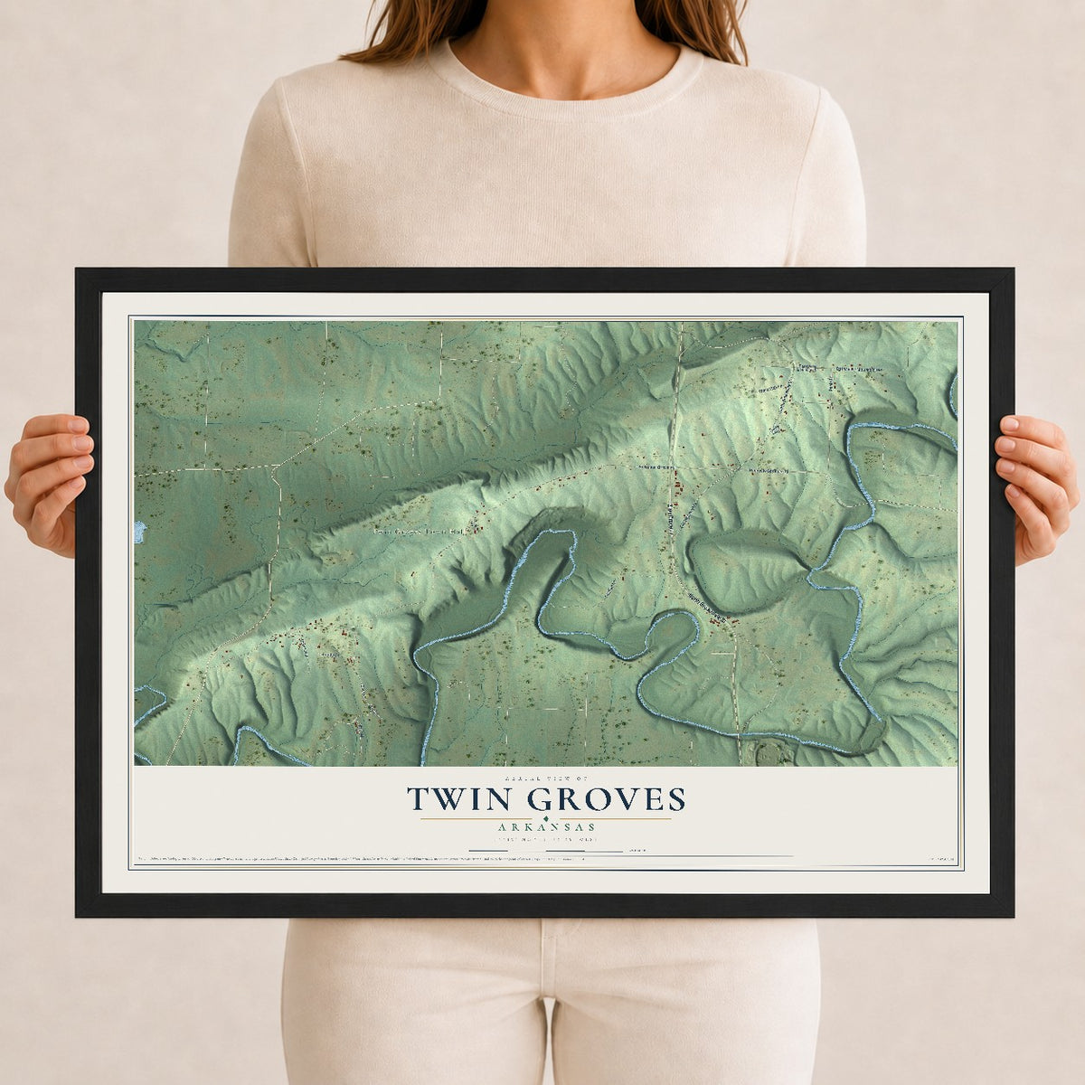 Map of Twin Groves, Arkansas, 12 x 18 inch print in a black wood frame