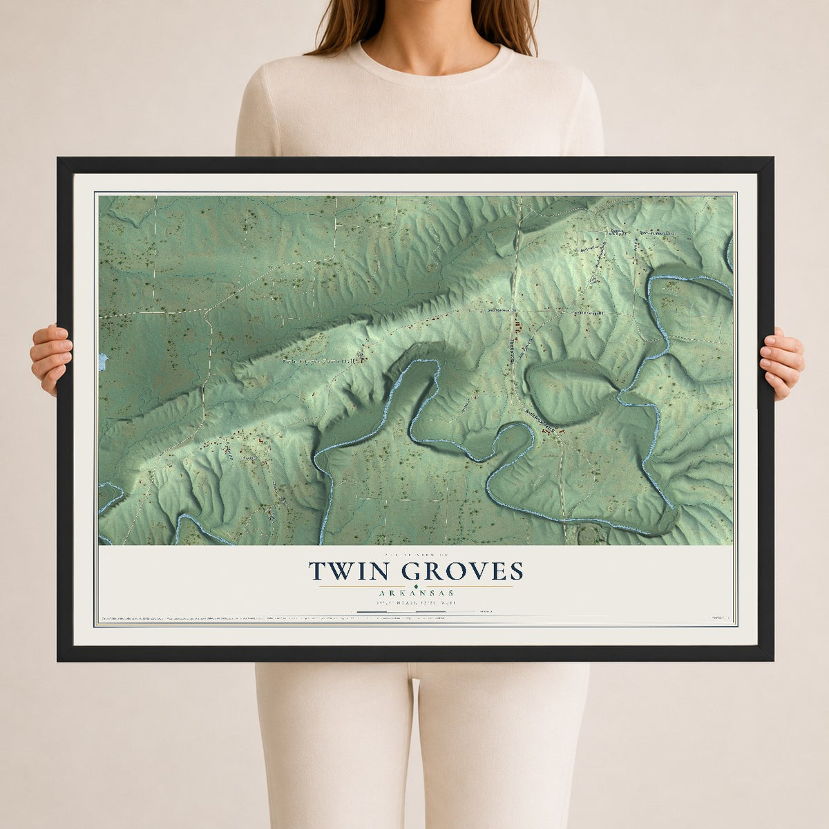 Map of Twin Groves, Arkansas, 24 x 36 inch print in a black wood frame