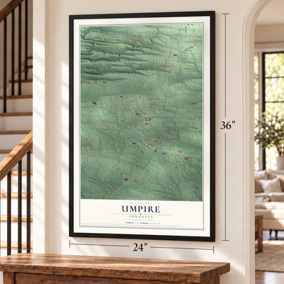 Umpire, Arkansas map, 24 x 36 inch print in a black frame by a staircase