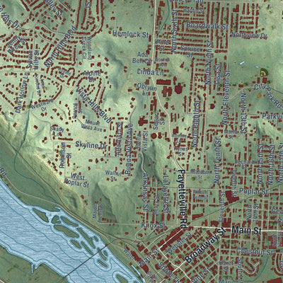 Close-up of the map of Van Buren, Arkansas print showing street and building detail