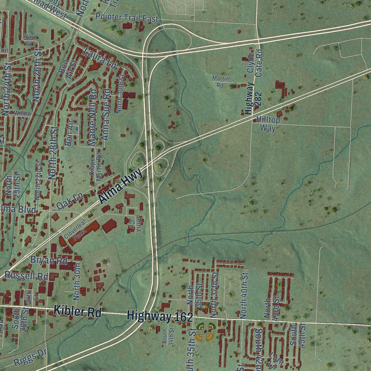 Second close-up of the map of Van Buren, Arkansas print showing more streets and buildings