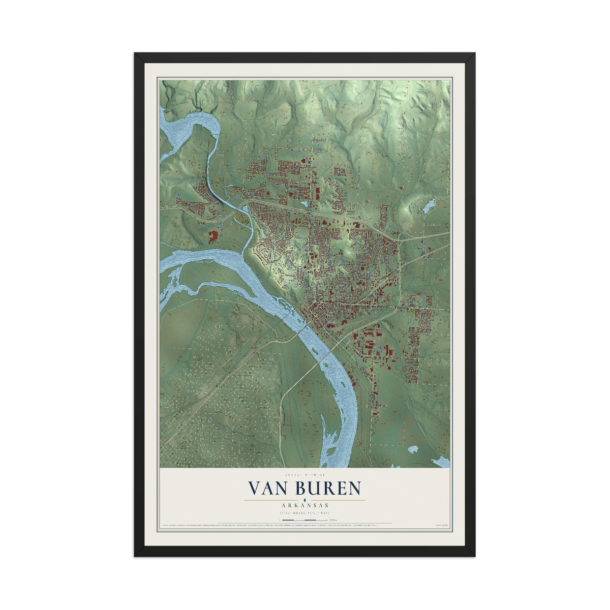 Map of Van Buren, Arkansas, 12 x 18 inch print in a black wood frame