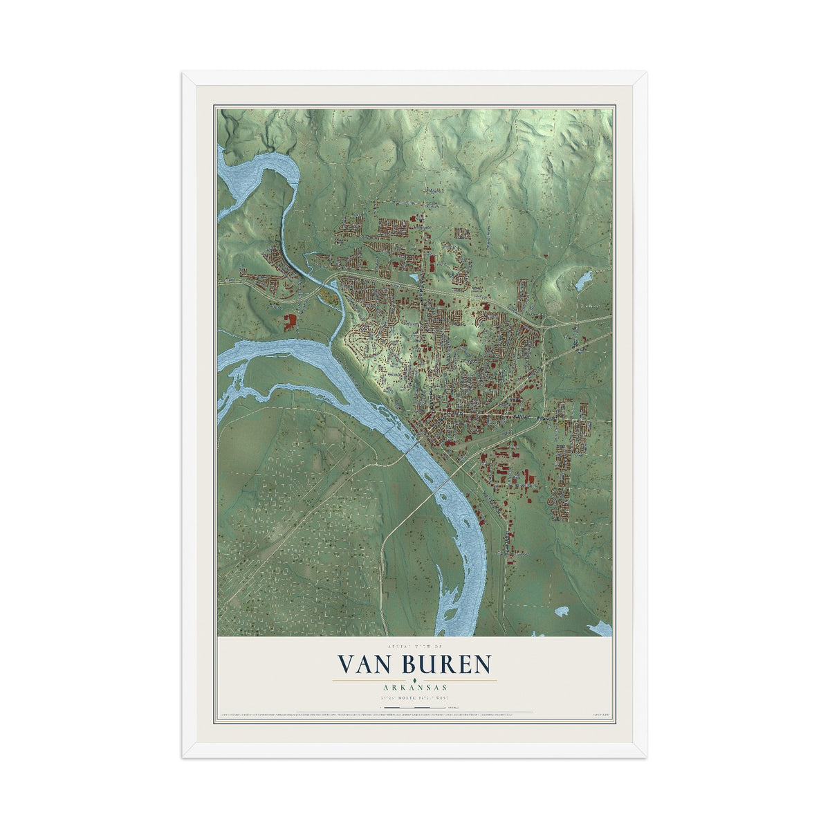 Map of Van Buren, Arkansas, 12 x 18 inch print in a white wood frame