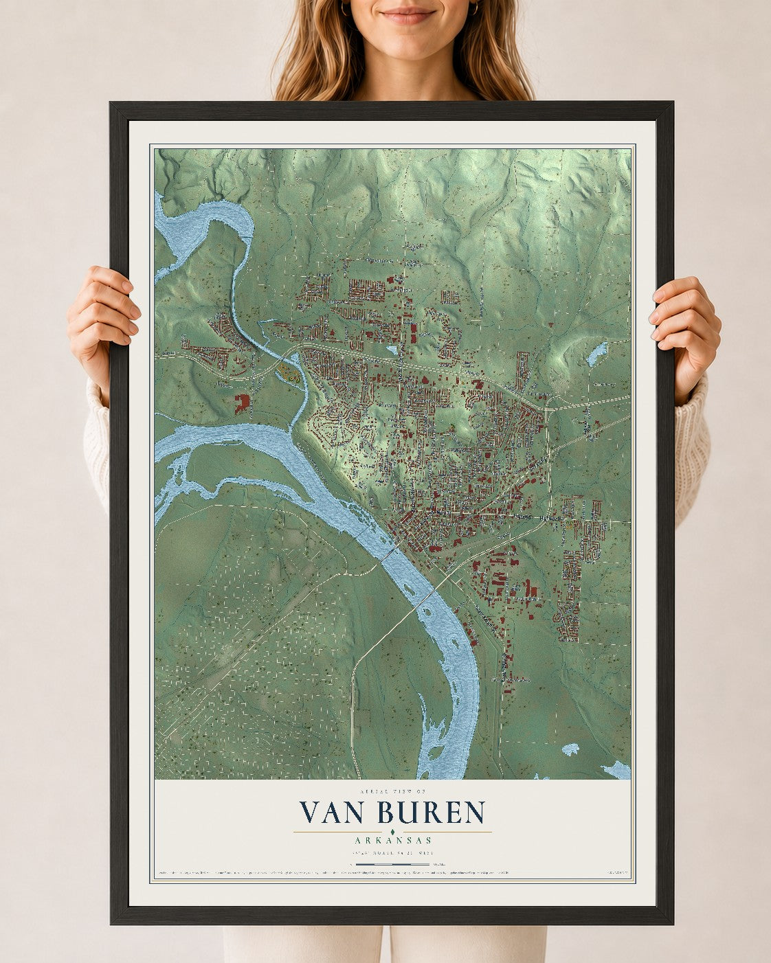 Map of Van Buren, Arkansas, 24 x 36 inch print in a black wood frame