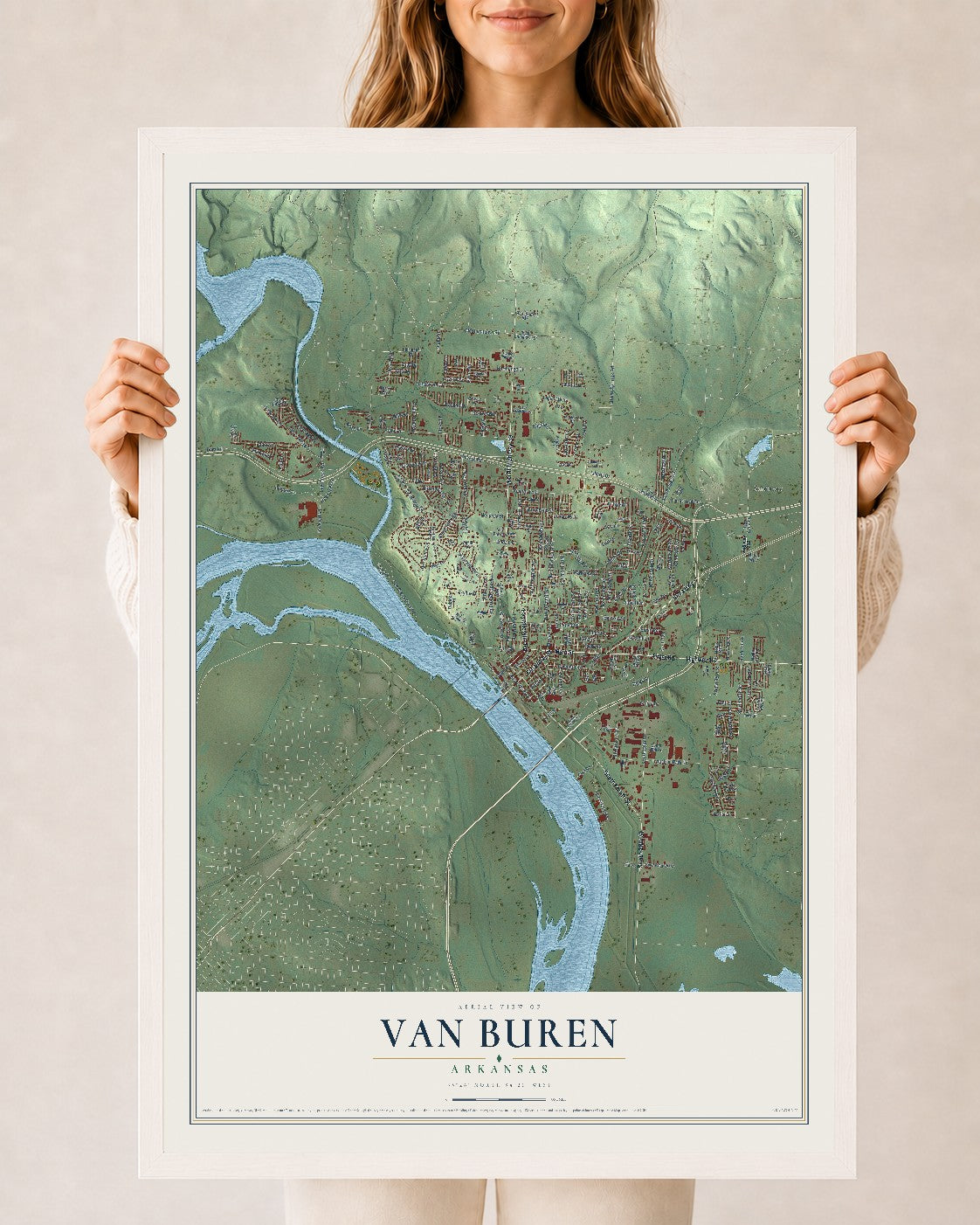 Map of Van Buren, Arkansas, 24 x 36 inch print in a white wood frame