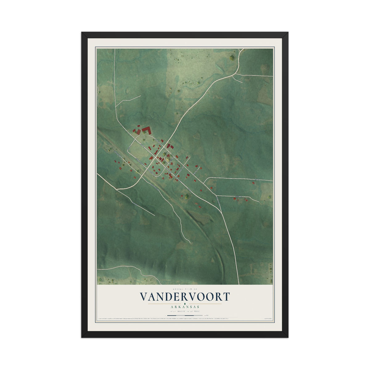 Map of Vandervoort, Arkansas, 12 x 18 inch print in a black wood frame