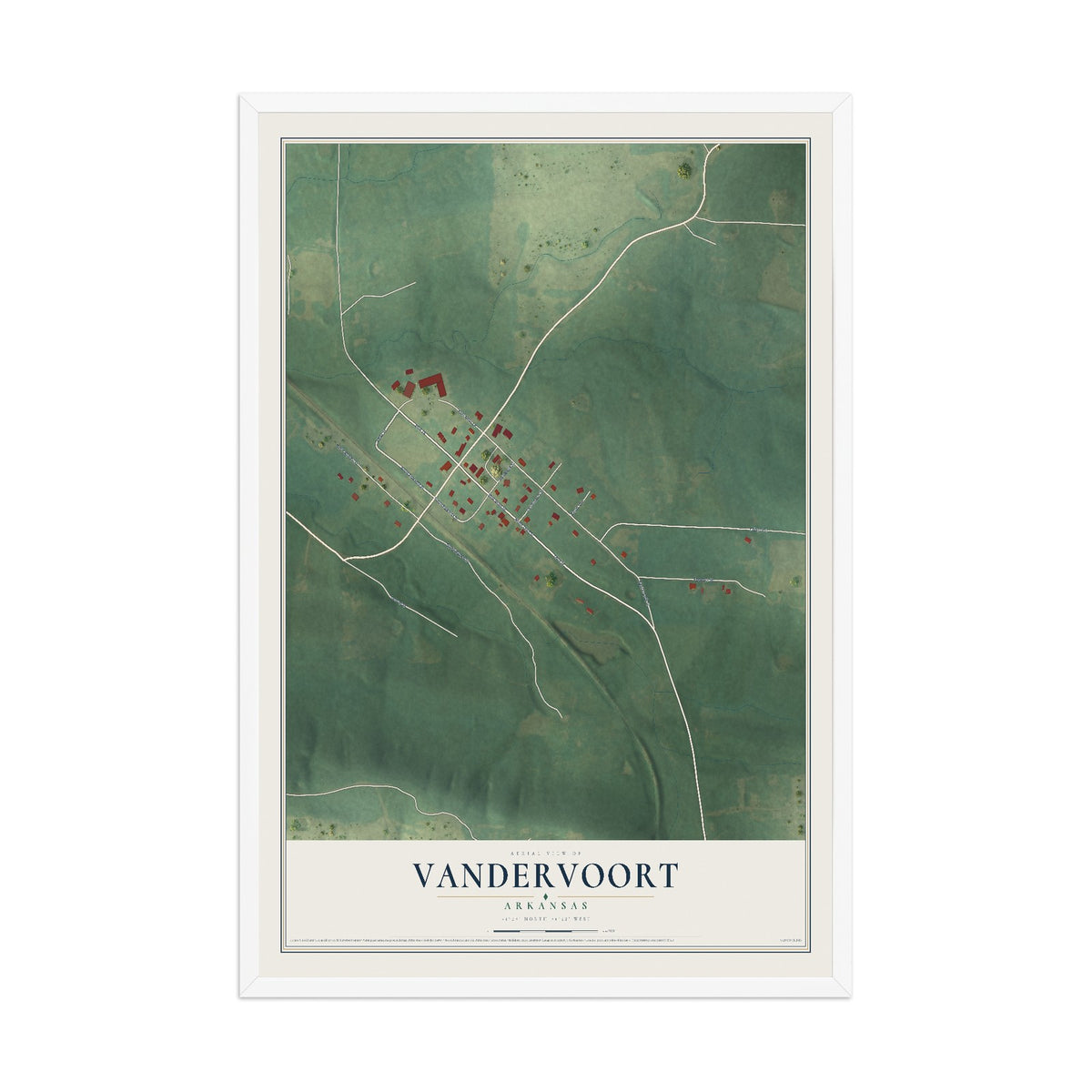 Map of Vandervoort, Arkansas, 12 x 18 inch print in a white wood frame