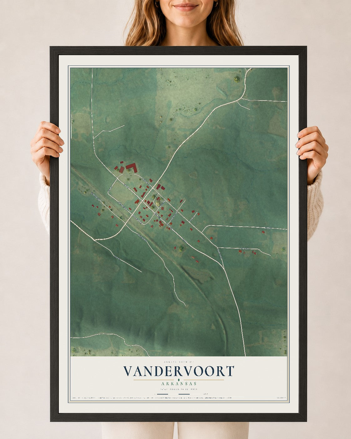 Map of Vandervoort, Arkansas, 24 x 36 inch print in a black wood frame